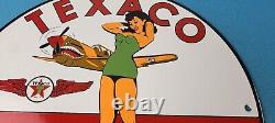 Vintage Texaco Gasoline Sign Pinup Girl Sign Gas Motor Oil Pump Porcelain Sign