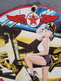 Vintage Texaco Porcelain Sign Aviation Engine Oil Gas Airplane Service Girl
