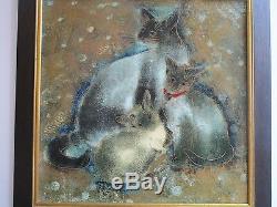 Vintage Thai Or Chinese Painting Signed Abstract Expressionism Kitten Cat Retro