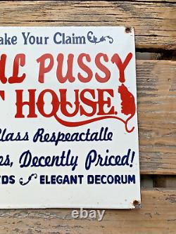 Vintage The Playful Pussy Cat House Hotel Service Oil Gas Station Porcelain Sign