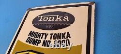 Vintage Tonka Dump Truck Sign Metal Toy Die Cast Kids Porcelain Gas Pump Sign