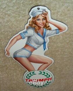 Vintage Triumph Motorcycle Pin Up Model 8 Porcelain Metal Car Gasoline Oil Sign