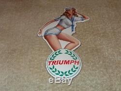 Vintage Triumph Motorcycle Pin Up Model 8 Porcelain Metal Car Gasoline Oil Sign