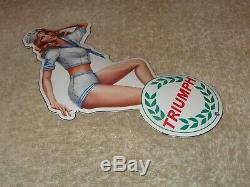 Vintage Triumph Motorcycle Pin Up Model 8 Porcelain Metal Car Gasoline Oil Sign