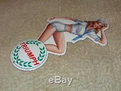 Vintage Triumph Motorcycle Pin Up Model 8 Porcelain Metal Car Gasoline Oil Sign