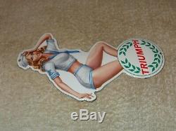 Vintage Triumph Motorcycle Pin Up Model 8 Porcelain Metal Car Gasoline Oil Sign