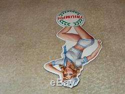 Vintage Triumph Motorcycle Pin Up Model 8 Porcelain Metal Car Gasoline Oil Sign