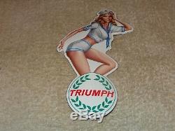 Vintage Triumph Motorcycle Pin Up Model 8 Porcelain Metal Car Gasoline Oil Sign