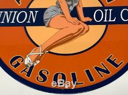 Vintage Union Oil Aviation Gasoline Advertising 12 Porcelain Sign Model Girl