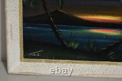 Vintage Velvet Art Signed Original Beach Pacific Island Sunset Tropical Tiki