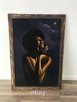 Vintage Velvet Painting 70s Black Power Woman Crying 1971 Signed Carved Frame
