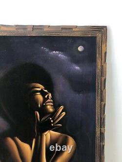 Vintage Velvet Painting 70s Black Power Woman Crying 1971 Signed Carved Frame