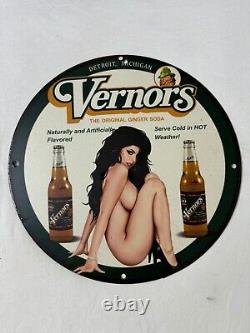 Vintage Vernor's Gingerale Zero Sugar Pinup Girl Porcelain Gas Oil Service Sign