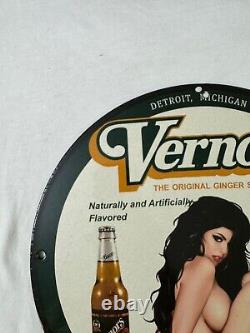 Vintage Vernor's Gingerale Zero Sugar Pinup Girl Porcelain Gas Oil Service Sign
