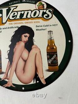 Vintage Vernor's Gingerale Zero Sugar Pinup Girl Porcelain Gas Oil Service Sign