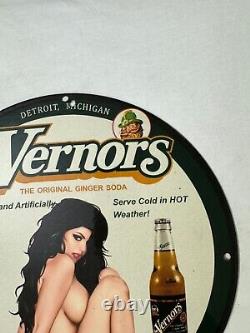 Vintage Vernor's Gingerale Zero Sugar Pinup Girl Porcelain Gas Oil Service Sign