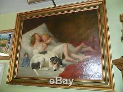 Vintage WOMAN CHILD & DOG Oil Painting Canvas Signed R. A. Fox