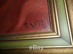 Vintage WOMAN CHILD & DOG Oil Painting Canvas Signed R. A. Fox