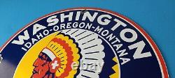 Vintage Washington Gasoline Sign Indian Chief Gas Porcelain Service Pump Sign