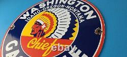 Vintage Washington Gasoline Sign Indian Chief Gas Porcelain Service Pump Sign