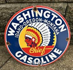 Vintage Washington Gasoline Sign Indian Chief Gas Pump Porcelain Service Sign
