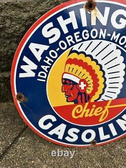 Vintage Washington Gasoline Sign Indian Chief Gas Pump Porcelain Service Sign