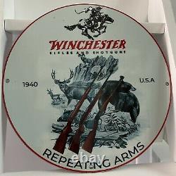 Vintage Winchester Porcelain Sign Gas Oil Ammunition Firearms Enamel Pump Plate