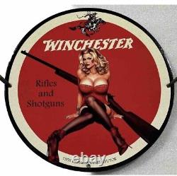 Vintage Winchester Porcelain Sign Guns Rifles Service Gas Oil Station Pump Plate