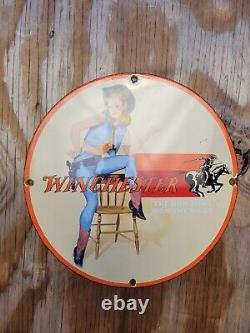 Vintage Winchester Porcelain Sign Western Cowgirl Shotgun Gun Rifle Ammo Gas Oil