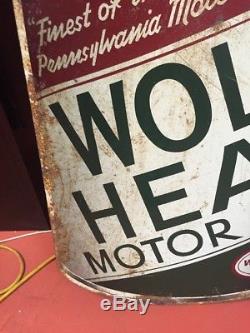 Vintage Wolfs Head Oil Sign 2 Sided 24x36