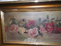 Vintage Yard Long Oil Painting Red Pink & White Roses Framed & Signed Dated 1912