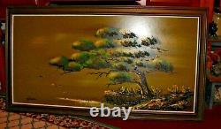 Vintage Yasu Eguchi Oil Painting On Board Green Tree Water Seagulls LARGE Signed
