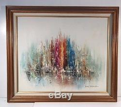 Vintage c1960 Oil Painting Signed ROY PIERCE Modern Abstract Harbor with Boats