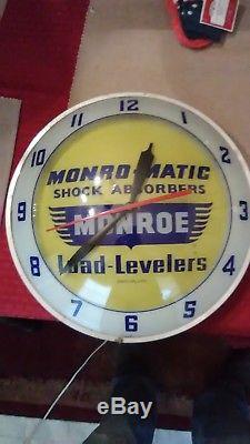 Vintage c. 1960 Monroe Shock Absorbers Gas Oil Lighted Double Bubble Clock Sign