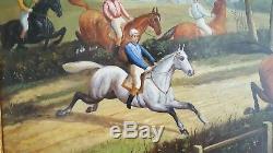 Vintage equestrian hunt scene horses english country gilt framed painting signed