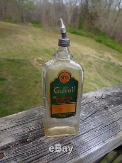 Vintage handy oil cans 4 oz. Glass gulf oil bottle lead top cans sign