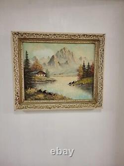 Vintage oil painting signed s. Brandle, mountain landscape with lake &