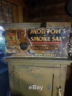 Vintage old embossed Mortons smoked salt metal sign general store gas oil RARE