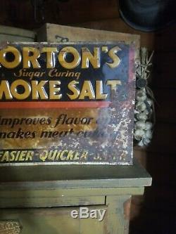 Vintage old embossed Mortons smoked salt metal sign general store gas oil RARE