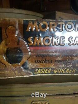 Vintage old embossed Mortons smoked salt metal sign general store gas oil RARE