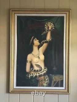 Vintage orientalist nude oil painting portrait snake charmer female reproduction