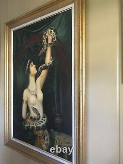 Vintage orientalist nude oil painting portrait snake charmer female reproduction