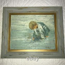 Vintage seascape child portrait hand painted original oil PAINTING by Aylaian