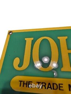 Vtg 15x9 in JOHN DEERE TRACTORS MOLINE IL. ADVERTISING SIGN HEAVY DIE CUT METAL