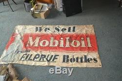Vtg 1930s Mobiloil Gargoyle Mobil Oil Litho BANNER Sign Filpruf Bottles