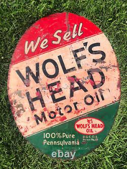 Vtg 1941 WOLFS HEAD Motor Oil Sign Painted Metal 30 Double Sided Rare