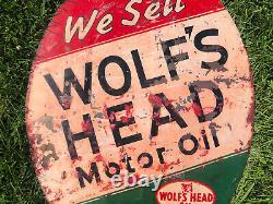 Vtg 1941 WOLFS HEAD Motor Oil Sign Painted Metal 30 Double Sided Rare