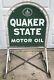 Vtg 1966 Quaker State Oil Hanging Enamel Metal Sign With Original Sidewalk Bracket