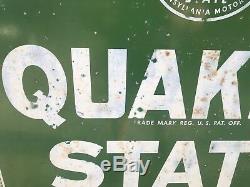 Vtg 1966 Quaker State Oil Hanging Enamel Metal Sign with Original Sidewalk Bracket