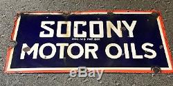 Vtg 30s 36 x 18 Double Sided Porcelain Socony Motor Oil Sign Gas & Oil Station